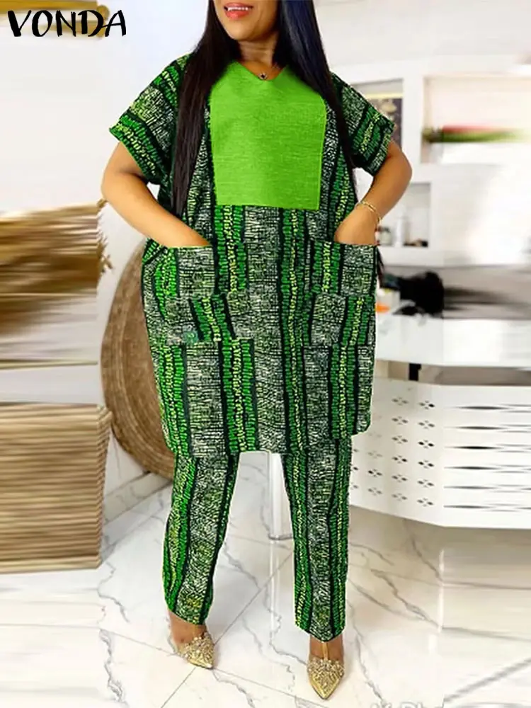 VONDA Summer Women Sets Short Sleeve Bohemian Printed Patchwork Pant Suits Vintage Tops and Wide Leg Pants Elegant Matching Sets