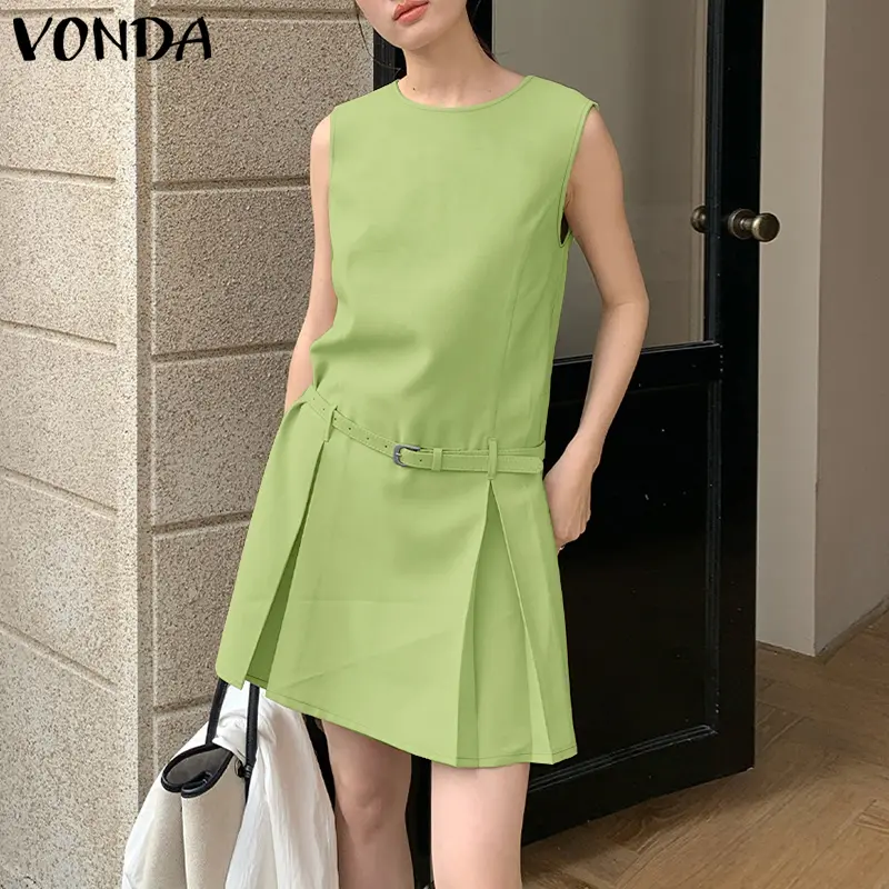 VONDA Sexy Sleeveless Mini Dress Women Summer Sundress Round Neck Casual Solid Pleated Loose Party Elegant Office Lady Vestidos