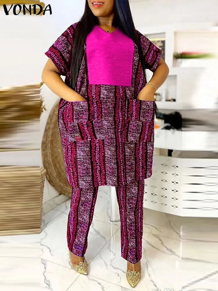 VONDA Summer Women Sets Short Sleeve Bohemian Printed Patchwork Pant Suits Vintage Tops and Wide Leg Pants Elegant Matching Sets