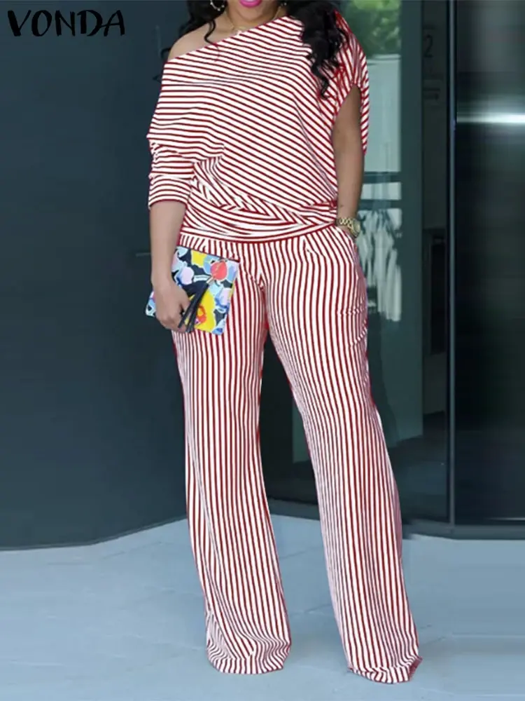VONDA 2025 Summer Women Striped Pant Sets Elegant Off Shoulder Printed Trousers Suits Vintage Tops and Wide Leg Pants Sets