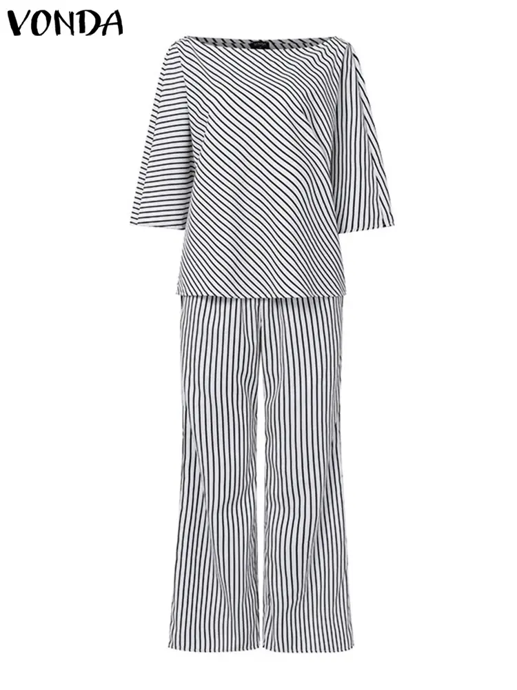 VONDA 2025 Summer Women Striped Pant Sets Elegant Off Shoulder Printed Trousers Suits Vintage Tops and Wide Leg Pants Sets