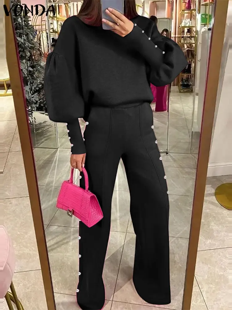 VONDA 2025 Elegant Women Pant Sets Summer 2PCS Long Lantern Sleeve Tops Loose Trousers Causal Solid Matching Suits Oversized