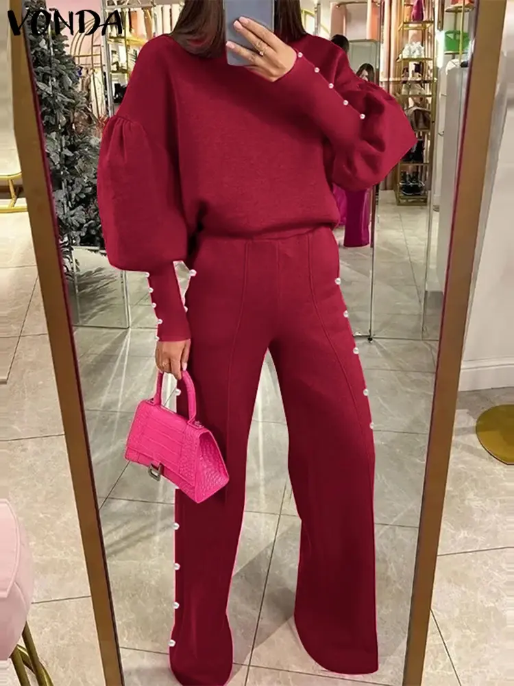 VONDA 2025 Elegant Women Pant Sets Summer 2PCS Long Lantern Sleeve Tops Loose Trousers Causal Solid Matching Suits Oversized