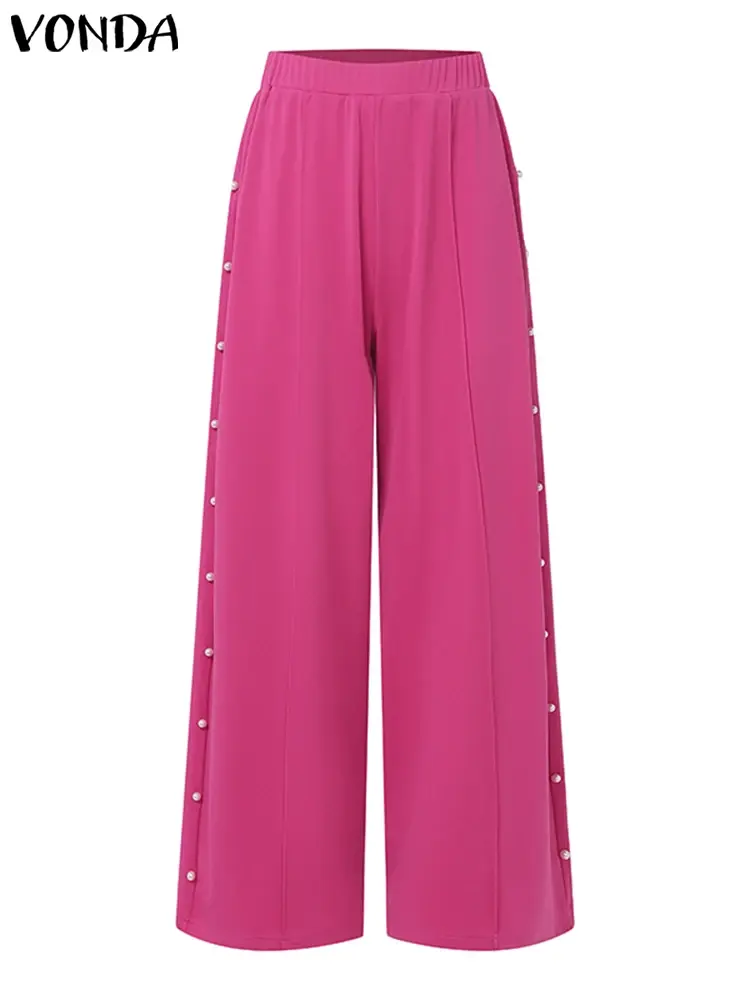 VONDA 2025 Elegant Women Pant Sets Summer 2PCS Long Lantern Sleeve Tops Loose Trousers Causal Solid Matching Suits Oversized