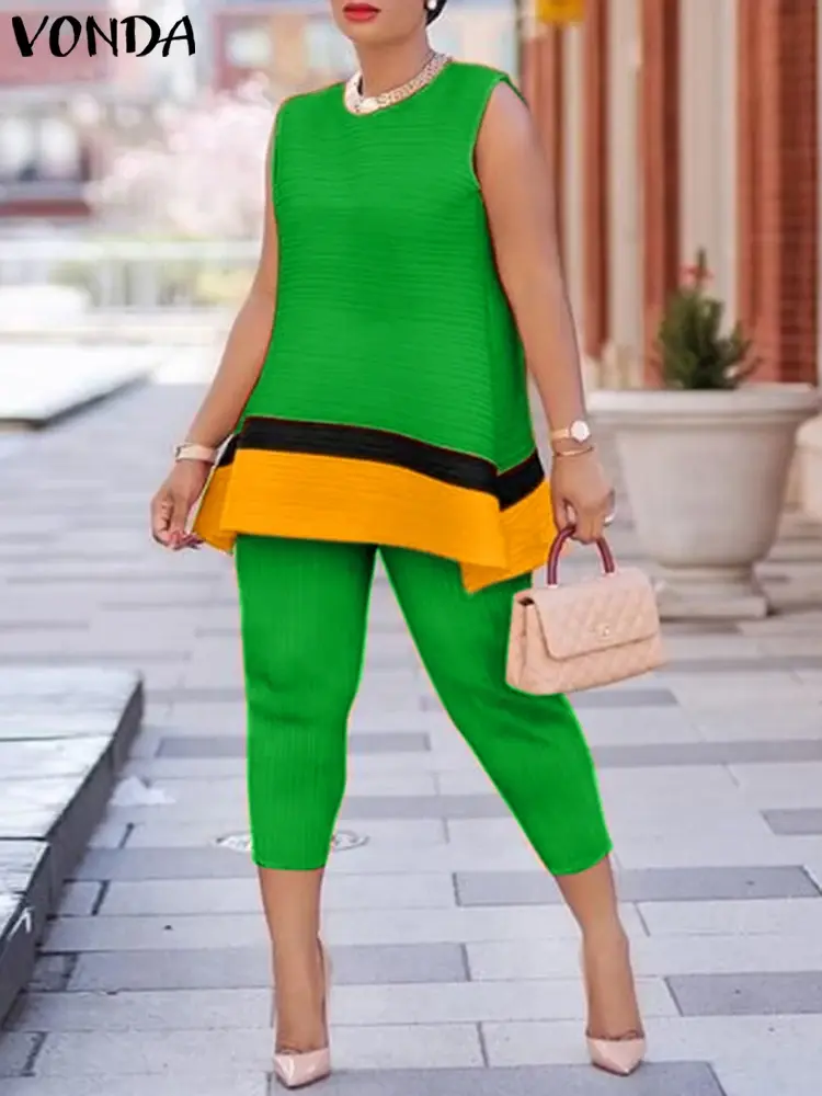 VONDA Women Pant Sets 2025 Summer Sleeveless Tops Casual Matching Sets Vintage Loose Color Patchwork Elegant Suits Sets 2PCS