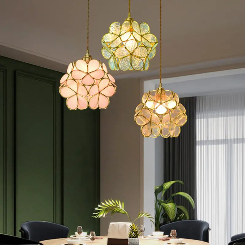 All copper Glazed glass Flower Bedroom Bedside Long Line Small Pendant Lamp Lotus Flower Luxury Retro RestaurantBar Light