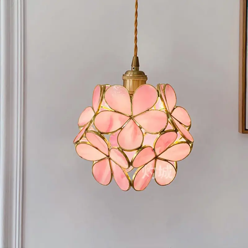 All copper Glazed glass Flower Bedroom Bedside Long Line Small Pendant Lamp Lotus Flower Luxury Retro RestaurantBar Light
