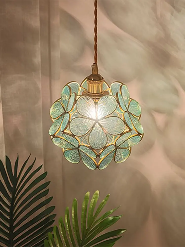 All copper Glazed glass Flower Bedroom Bedside Long Line Small Pendant Lamp Lotus Flower Luxury Retro RestaurantBar Light