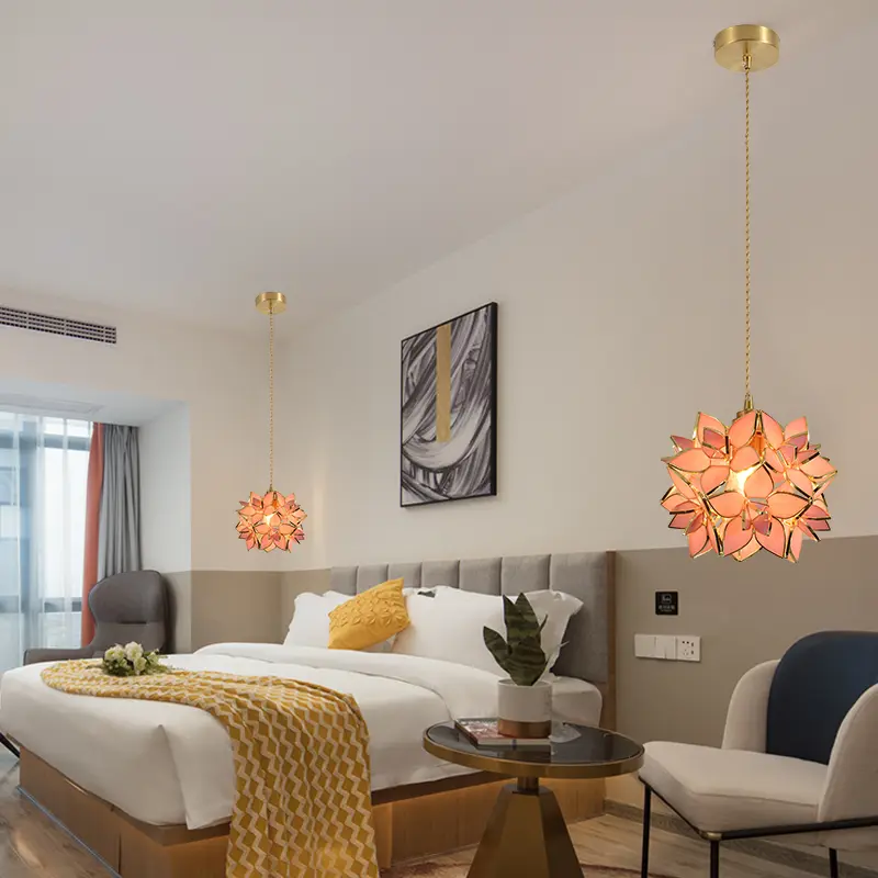All copper Glazed glass Flower Bedroom Bedside Long Line Small Pendant Lamp Lotus Flower Luxury Retro RestaurantBar Light