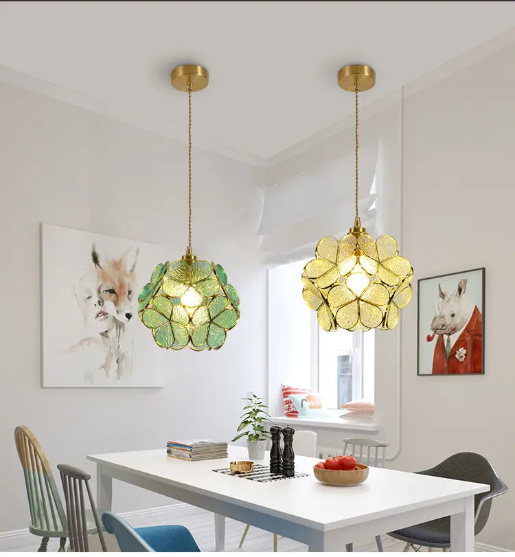 All copper Glazed glass Flower Bedroom Bedside Long Line Small Pendant Lamp Lotus Flower Luxury Retro RestaurantBar Light