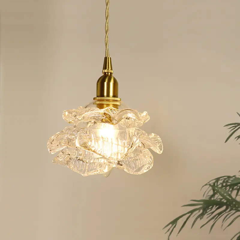 Modern Glass rose Flower-shaped Long Line Bedroom Bedside Sable Chandelier and Small Dining Room Chandelier for Warm Lighting