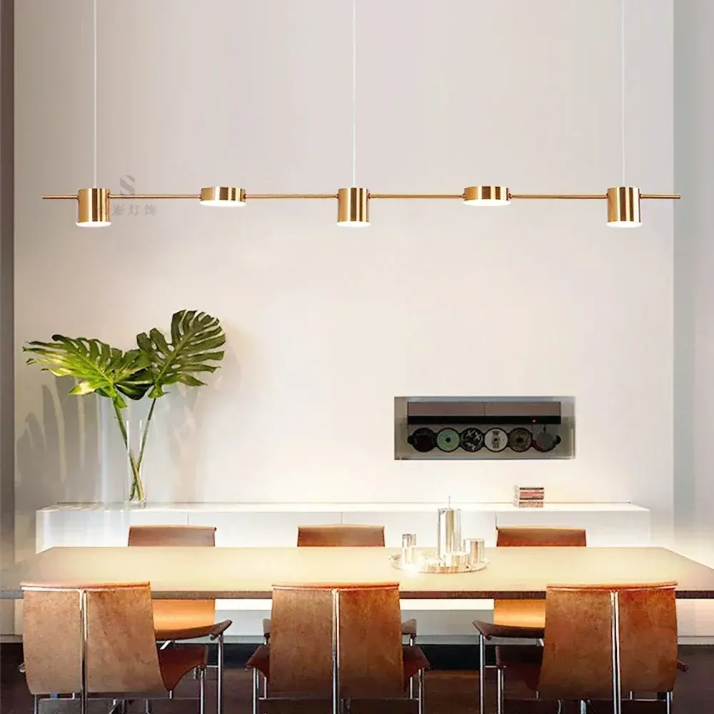 Modern LED Pendant Light Remote Dimming Indoor Lighting Art Ceiling Pendant Light Gold Long Strip Kitchen Restaurant Decoration
