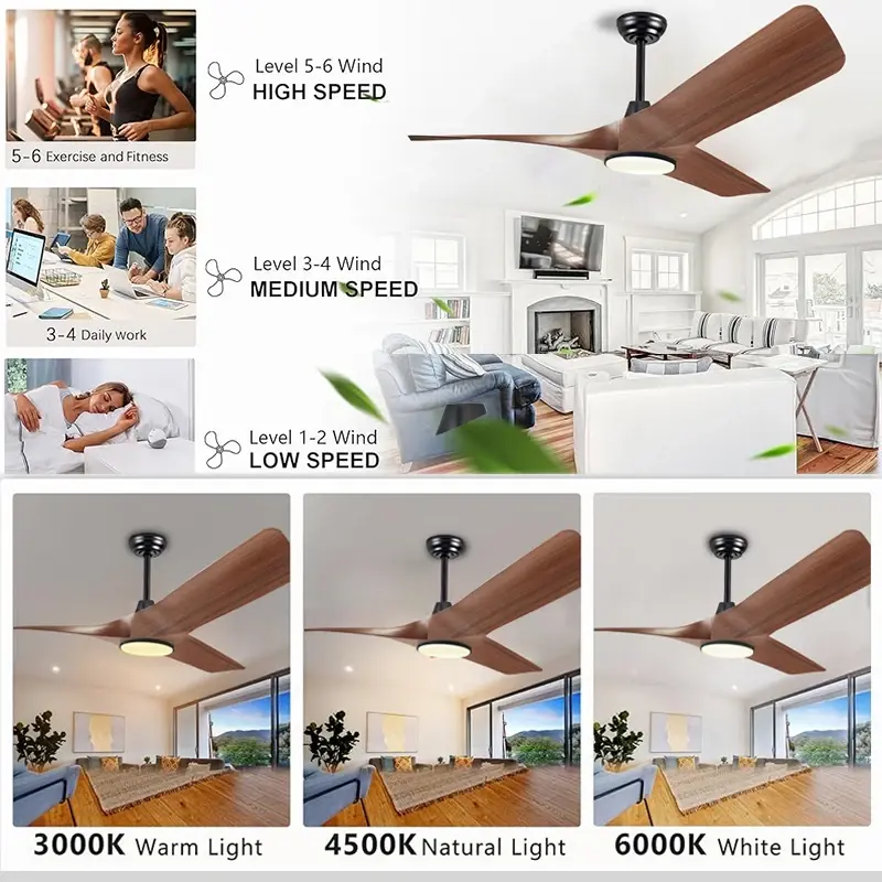 52 Inch Walnut Ceiling Fan, Remote Control with Adjustable Lights, 3 Fan Blades Reversible DC Motor Ceiling Fan, Decorative Fan