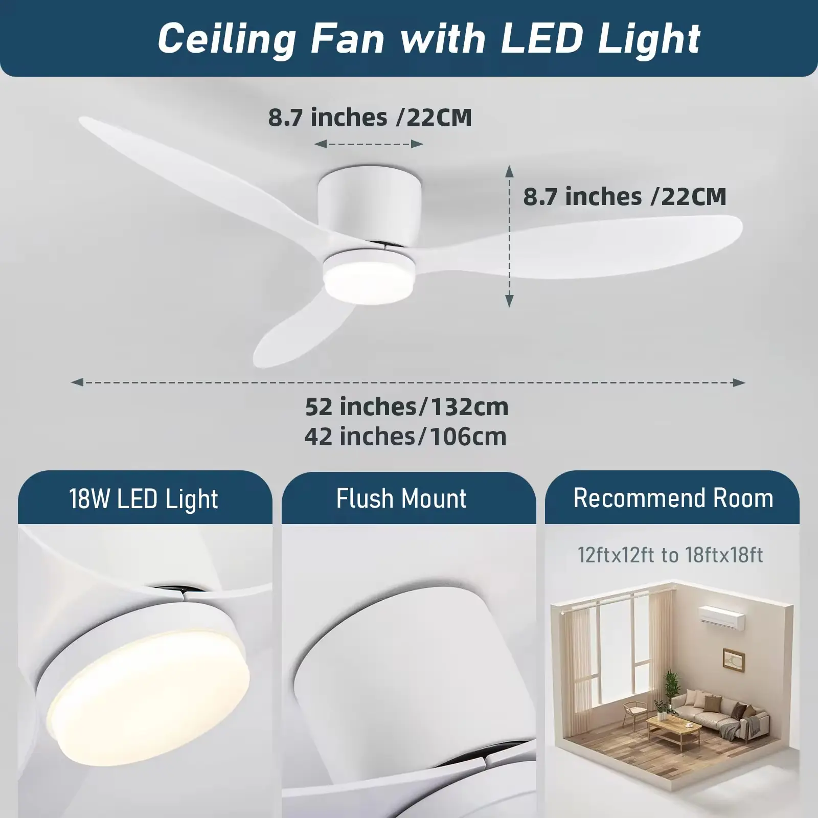 Modern Ceiling Fan with LED Light, DC Motor, Large Air Volume, Remote Control for Kitchen, Bedroom, Dining Room, Patio