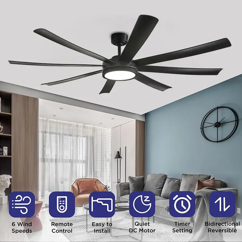 72 Inch Black Ceiling Fan with Light, DC Motor Remote Control 6-speed Reversible Speed, Living Room, Terrace, Indoor and Outdoor