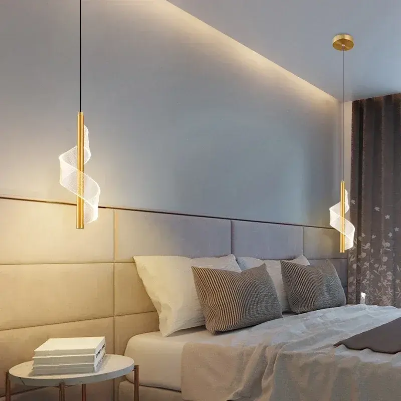 Q LED Modern Acrylic Headboard Pendant Light, Living Room, Bedroom Headboard, Creative Single Head Long Line Small Pendant Light