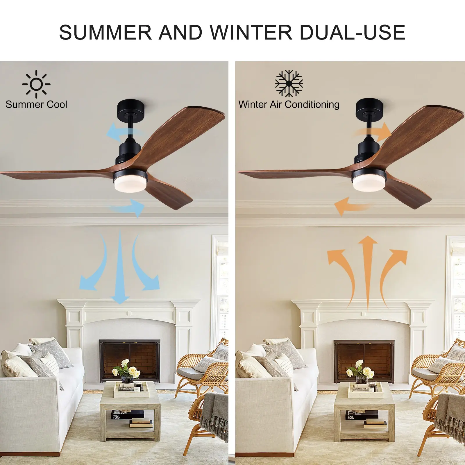 42/52 Inch Solid Wood Ceiling Fan, for Living Rooms, Bedrooms, Dining Rooms, and Study Rooms, with Remote Control Fan Lights