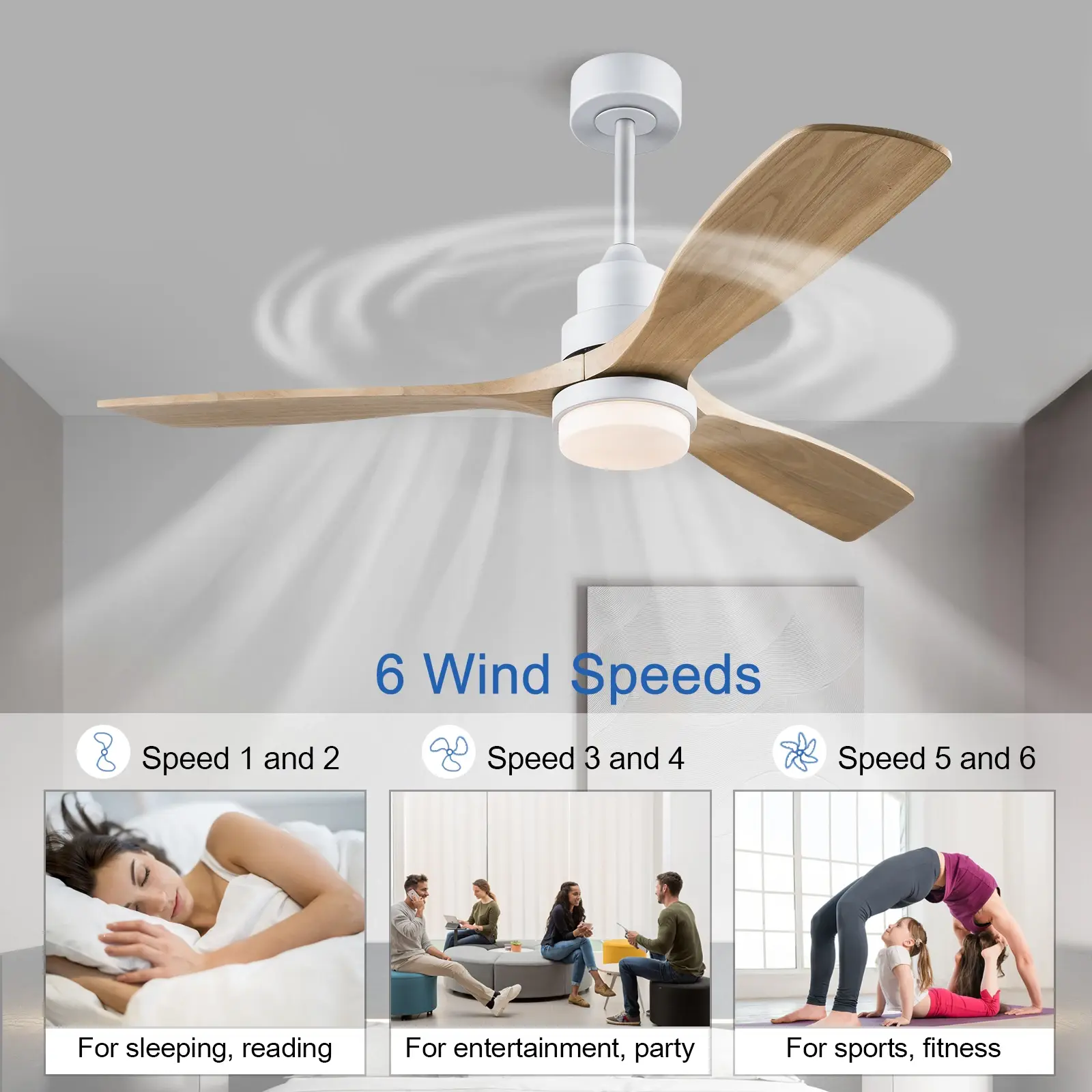 42/52 Inch Solid Wood Ceiling Fan, for Living Rooms, Bedrooms, Dining Rooms, and Study Rooms, with Remote Control Fan Lights