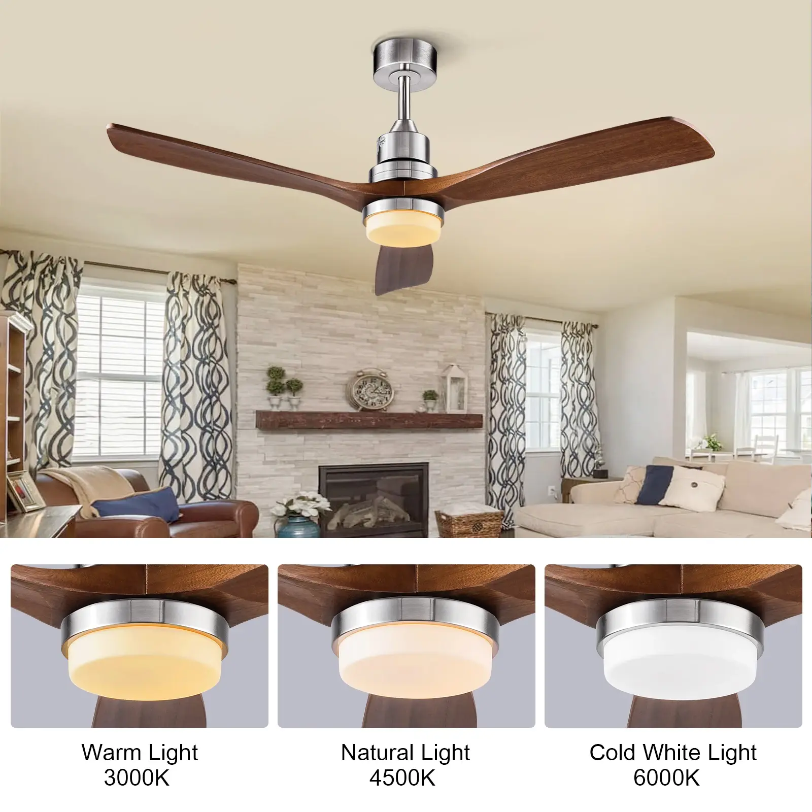 42/52 Inch Solid Wood Ceiling Fan, for Living Rooms, Bedrooms, Dining Rooms, and Study Rooms, with Remote Control Fan Lights