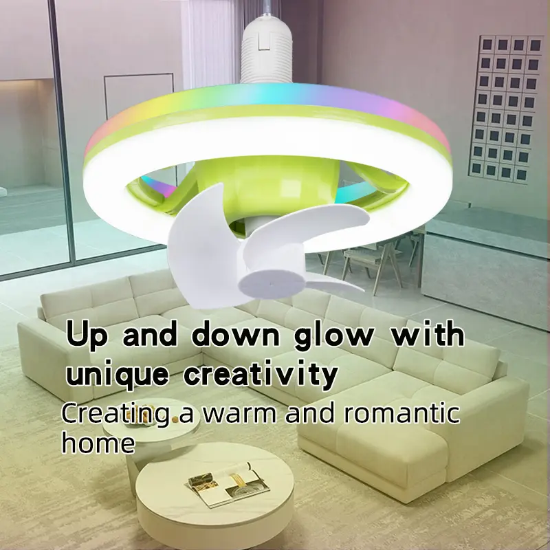 Luminous Up and Down E27 Screw 360-degree Rotating Fan Light Remote Control Moving Head RGB Color Light LED Ceiling Fan Light