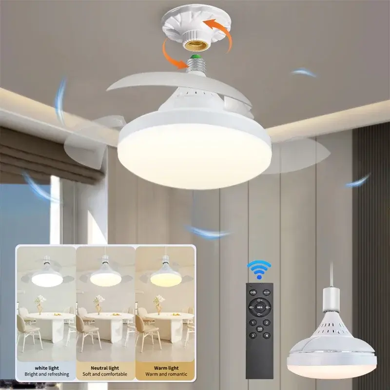 Rotatable 3in1 Ceiling Fan with Remote Control Lighting Lamp E27 Converter Base Lighting Base Bedroom Living Room Lamp