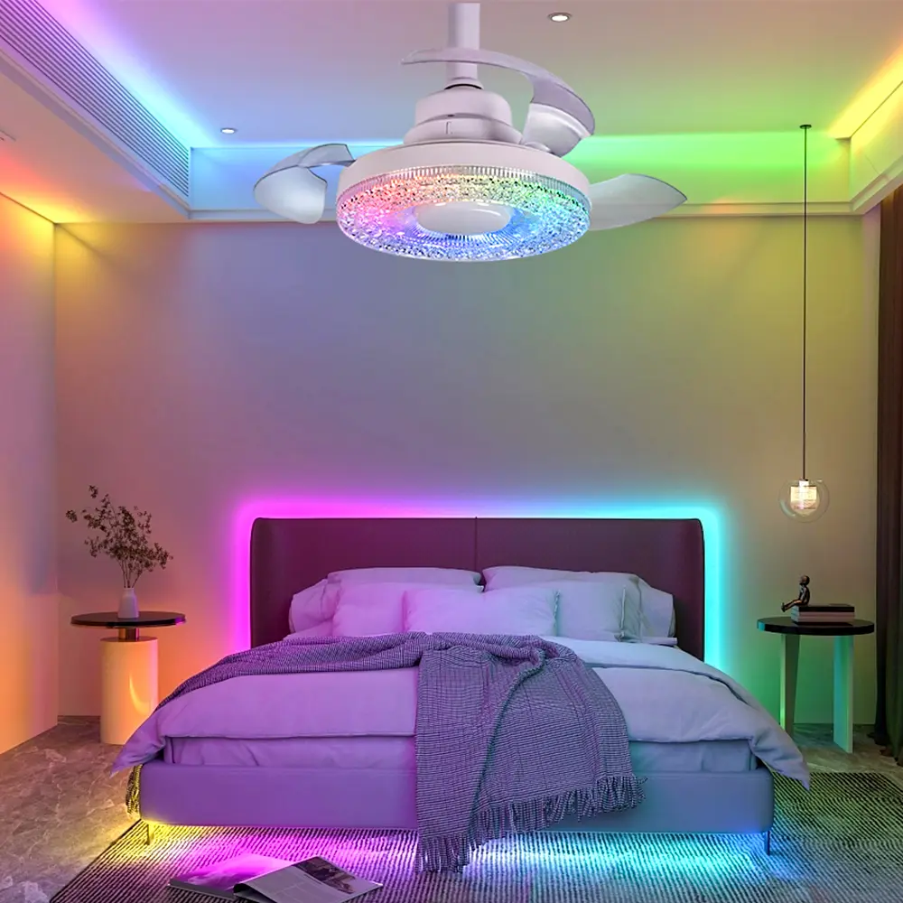 Modern Small LED Ceiling Fan Light with Remote Control E27 Crystal Design RGB Fan Light Bedroom Living Room Indoor Lighting