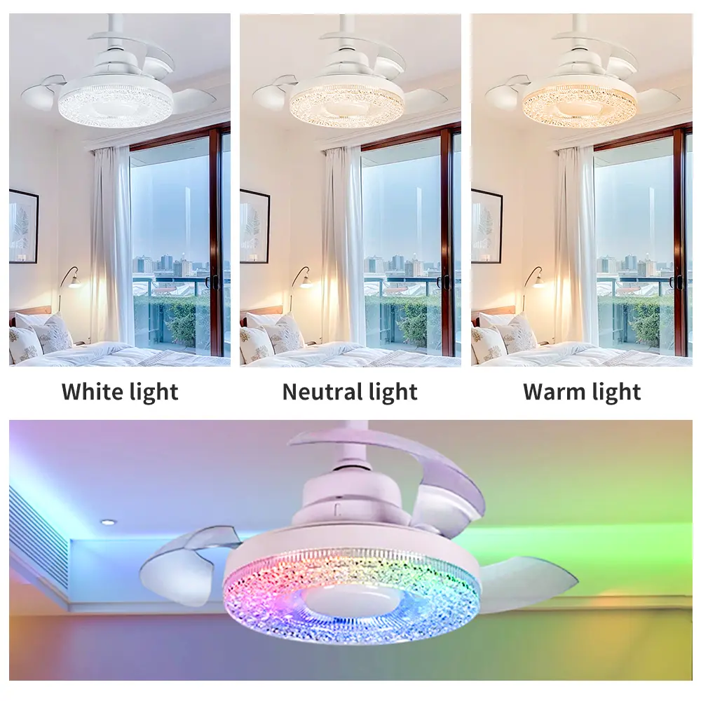 Modern Small LED Ceiling Fan Light with Remote Control E27 Crystal Design RGB Fan Light Bedroom Living Room Indoor Lighting