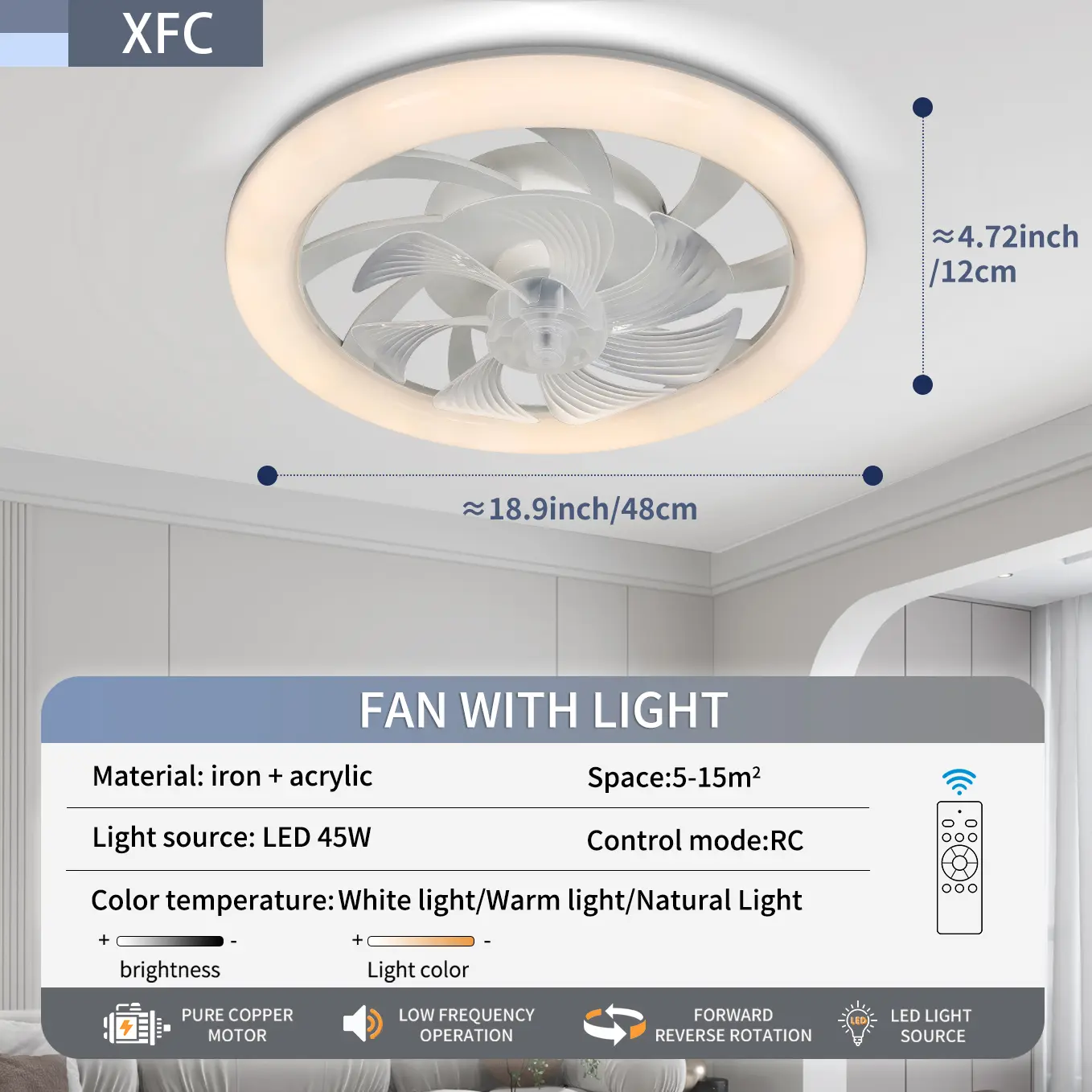 48cm Low Floor Thin LED Ceiling Fan Ceiling Light, with Lighting, Low Noise, Remote Dimming Pendant Light, Bedroom Pendant Light