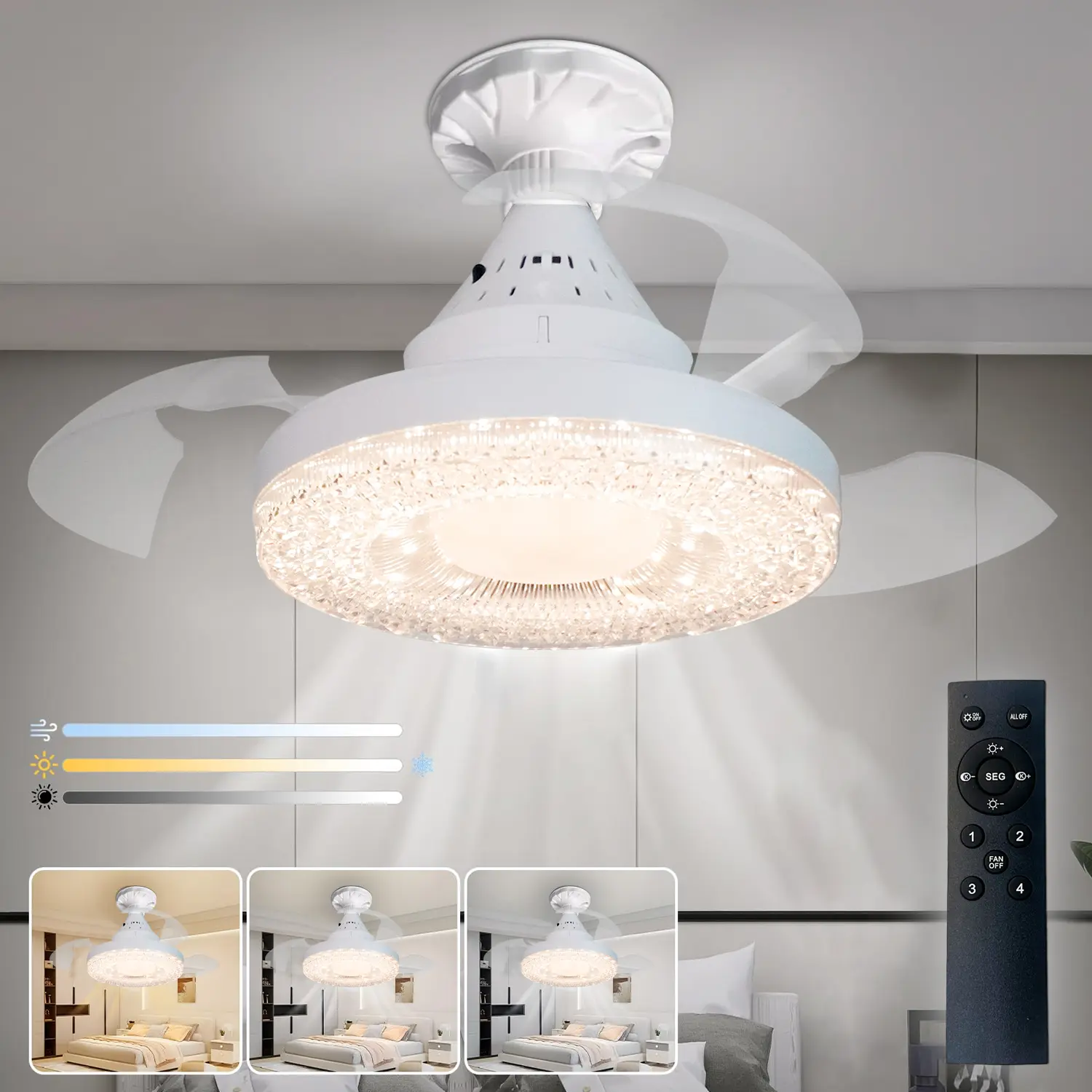 E27/26 Socket Fan Light, 4-speed, 3-color, Spiral Ceiling Fan with Remote Control, for Living Room, Bedroom, Kitchen, Light