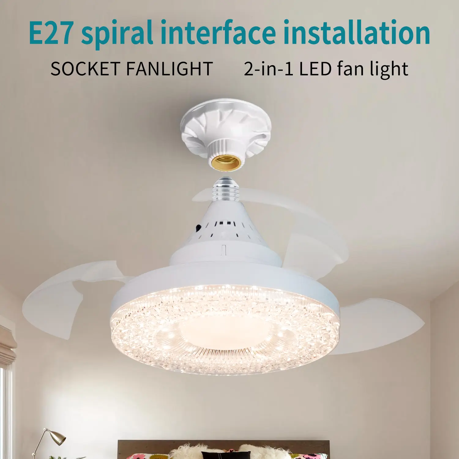 E27/26 Socket Fan Light, 4-speed, 3-color, Spiral Ceiling Fan with Remote Control, for Living Room, Bedroom, Kitchen, Light