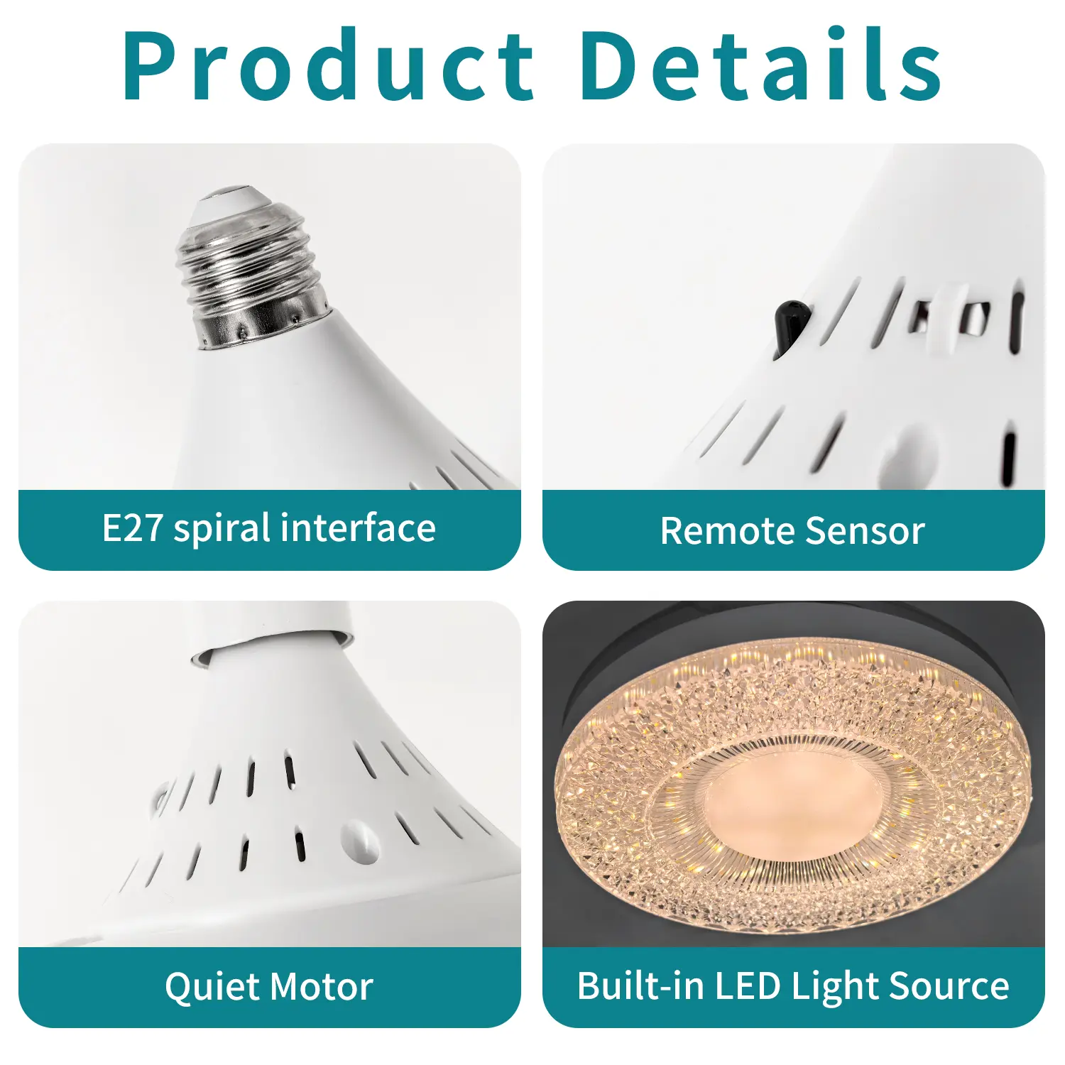 E27/26 Socket Fan Light, 4-speed, 3-color, Spiral Ceiling Fan with Remote Control, for Living Room, Bedroom, Kitchen, Light