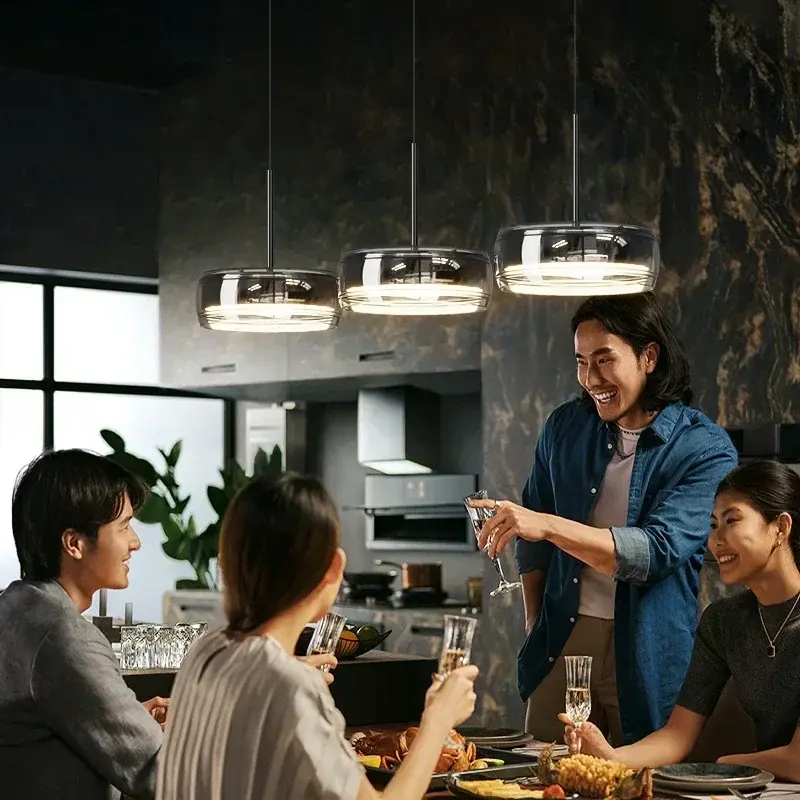 LED Modern Minimalist Dining Table Light, Glass Restaurant Pendant Light, 3-color Restaurant Light, Living Room Indoor Lighting