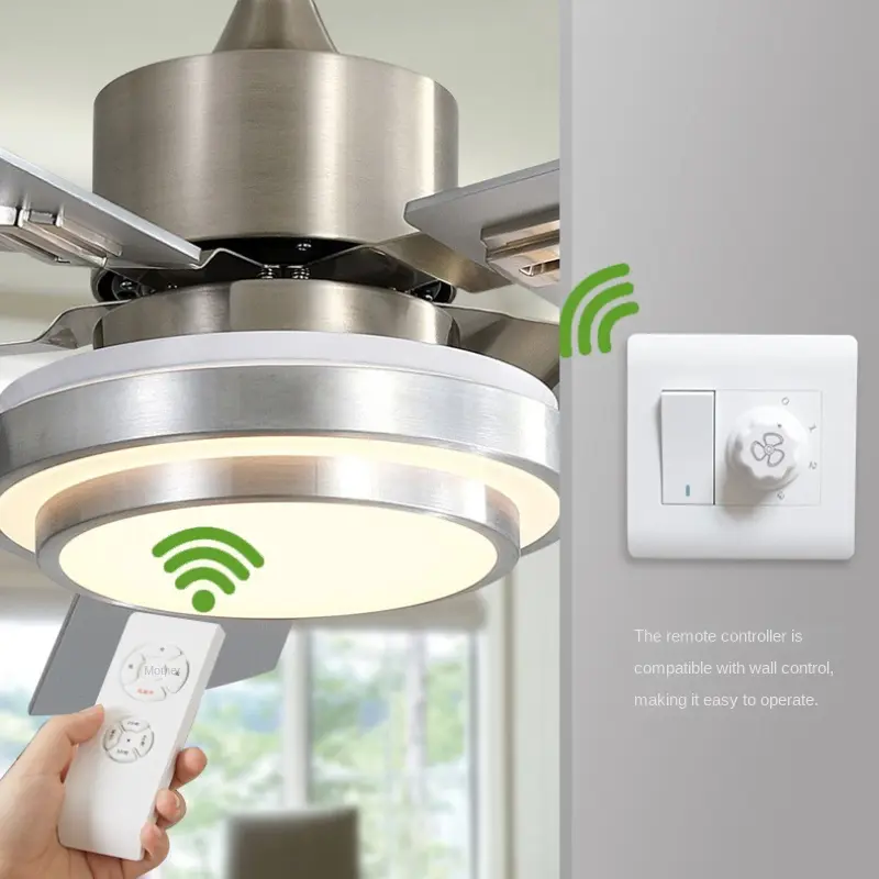 Modern Stainless Steel High Wind Ceiling Fan Light, Dining Room Fan Light, Three Color Dimming, Energy-Saving, And Silent