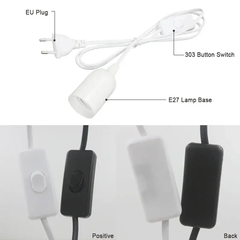 E27 Lamp Holder Pendant Light 1.8m Power Cord EU/US Plug Adapter with Switch Wire, Used for Fixing Sockets, White, Black