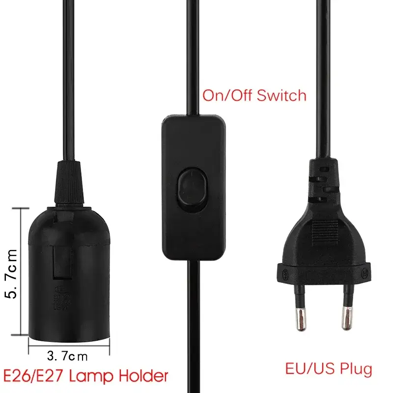 E27 Lamp Holder Pendant Light 1.8m Power Cord EU/US Plug Adapter with Switch Wire, Used for Fixing Sockets, White, Black