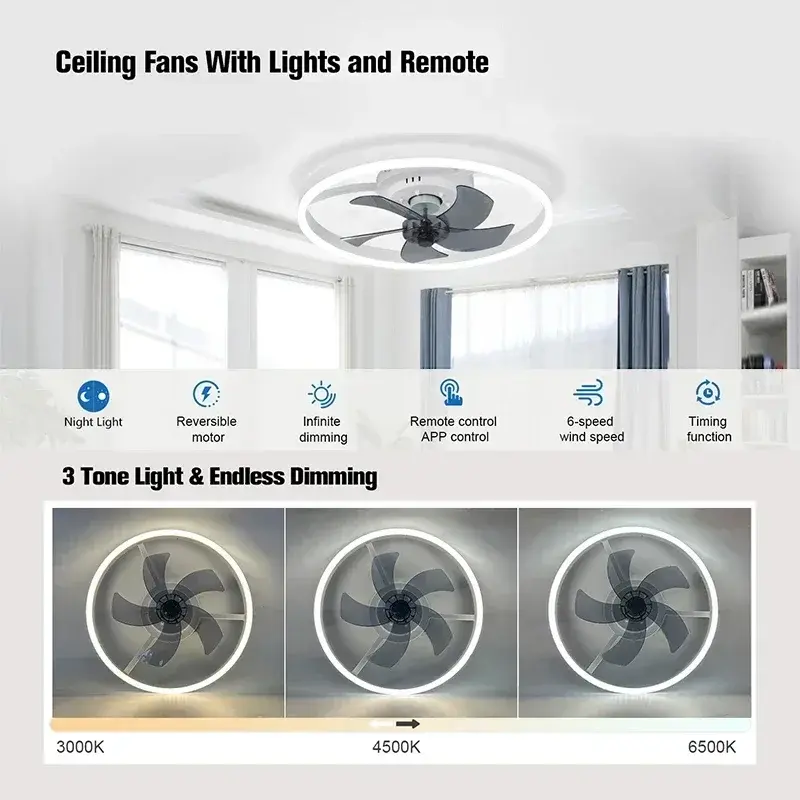 Nordic LED Ceiling Fan, Remote Low Floor Ceiling Light, Embedded Household Fan Pendant Light in Room Kitchen, Indoor Lighting