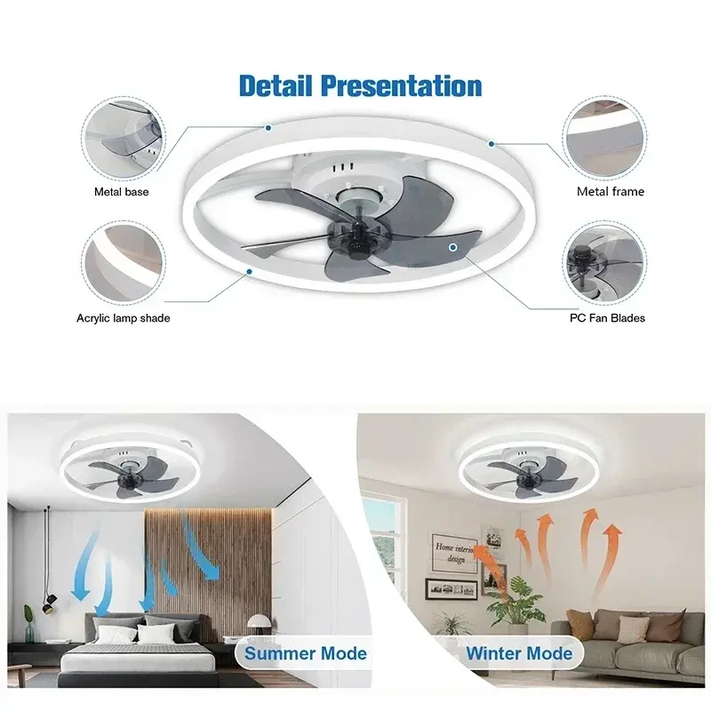 Nordic LED Ceiling Fan, Remote Low Floor Ceiling Light, Embedded Household Fan Pendant Light in Room Kitchen, Indoor Lighting