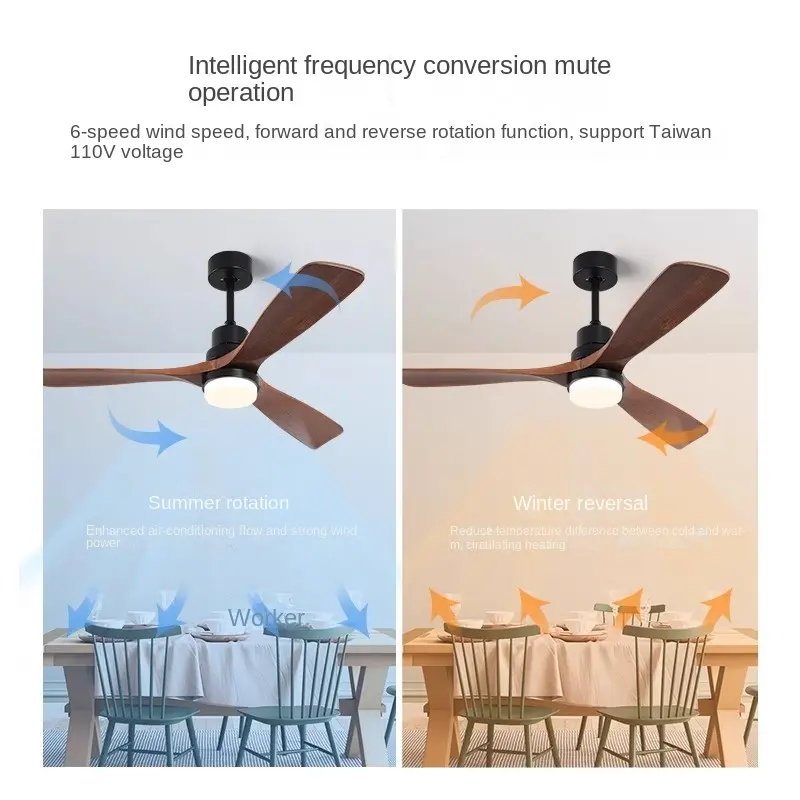 Fan Light Strong Wind Solid Wood Variable Frequency Ceiling Fan Light Dining Room and Living Room Integrated Electric Fan Light