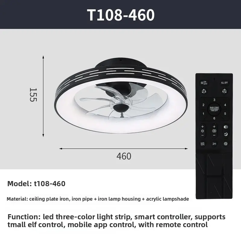 Embedded Black Ceiling Fan with Light, Remote Control, 6-speed Reversible, 3CCT, Dimmable, Noise Free, Living Room, Bedroom,
