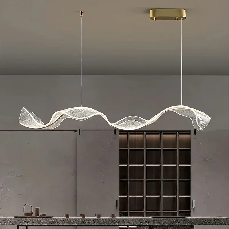Modern Minimalist Dining Room Bar Chandelier Creative Long Wave Streamer Living Room Office Front Desk LED Acrylic Light