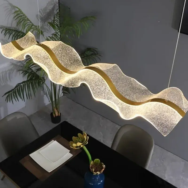 Modern Minimalist Dining Room Bar Chandelier Creative Long Wave Streamer Living Room Office Front Desk LED Acrylic Light