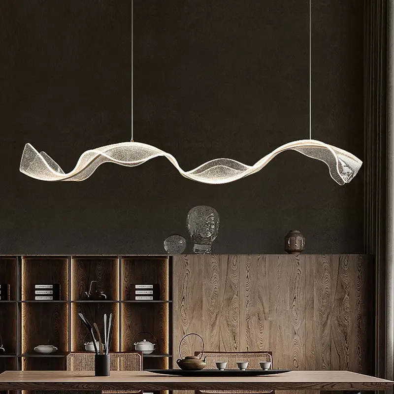 Modern Minimalist Dining Room Bar Chandelier Creative Long Wave Streamer Living Room Office Front Desk LED Acrylic Light
