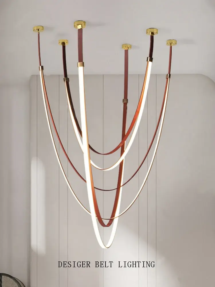Nordic Leather Chandelier Designer Belt Pendant lamp for Living room Villa Hotel Duplex Building LED Staircase Hanging lamp
