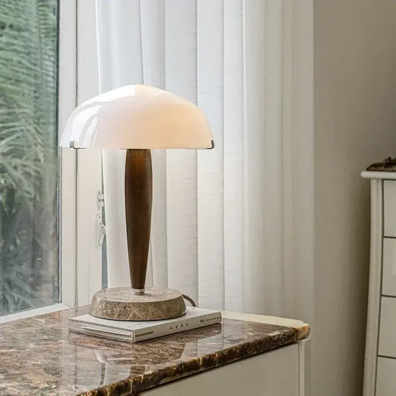 Nordic Danish Table Lamp Walnut Wood desk lamp for Bedroom Hotel Living Room Marble Base Glass Shade Designer Table Light