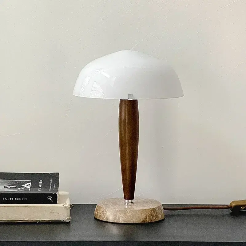 Nordic Danish Table Lamp Walnut Wood desk lamp for Bedroom Hotel Living Room Marble Base Glass Shade Designer Table Light