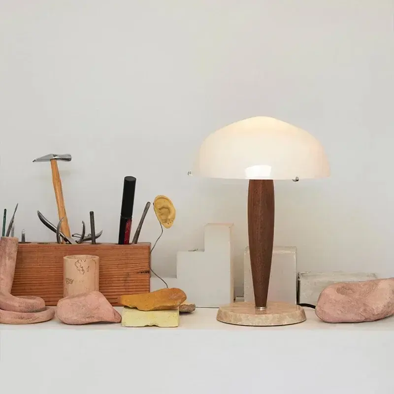 Nordic Danish Table Lamp Walnut Wood desk lamp for Bedroom Hotel Living Room Marble Base Glass Shade Designer Table Light