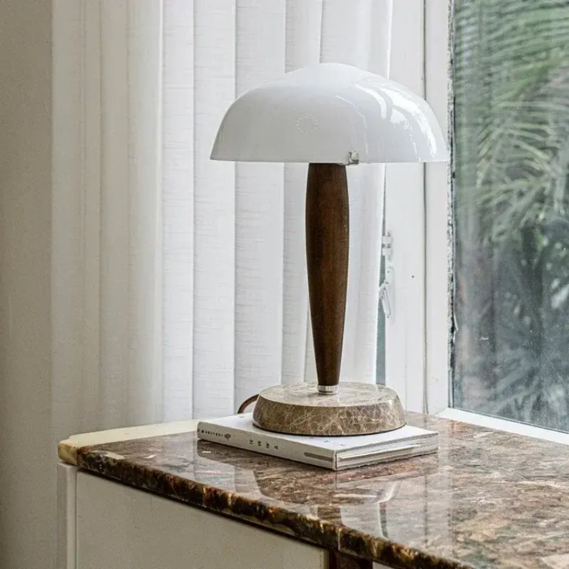 Nordic Danish Table Lamp Walnut Wood desk lamp for Bedroom Hotel Living Room Marble Base Glass Shade Designer Table Light