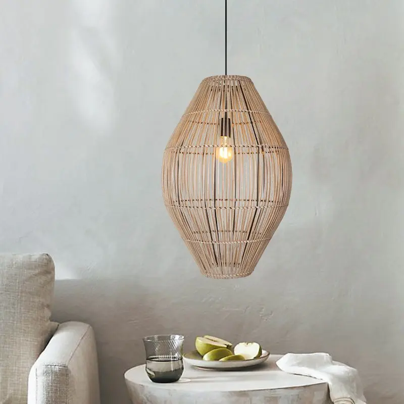 Vintage Handmade Rattan Led Chandelier Lantern Bamboo Woven Pendant light Kitchen bedroom Living room Wabi Sabi Style lamp