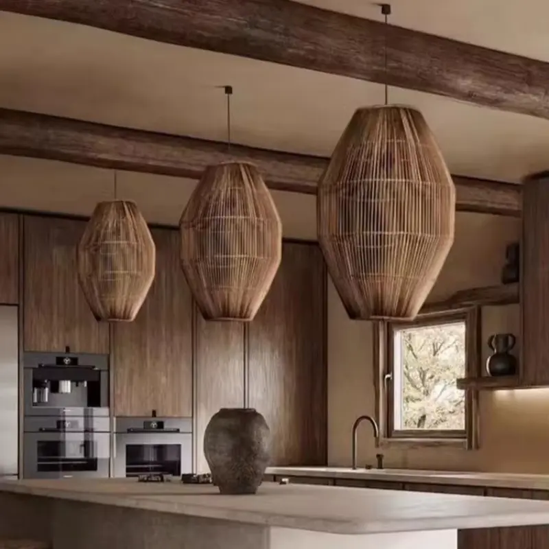 Vintage Handmade Rattan Led Chandelier Lantern Bamboo Woven Pendant light Kitchen bedroom Living room Wabi Sabi Style lamp