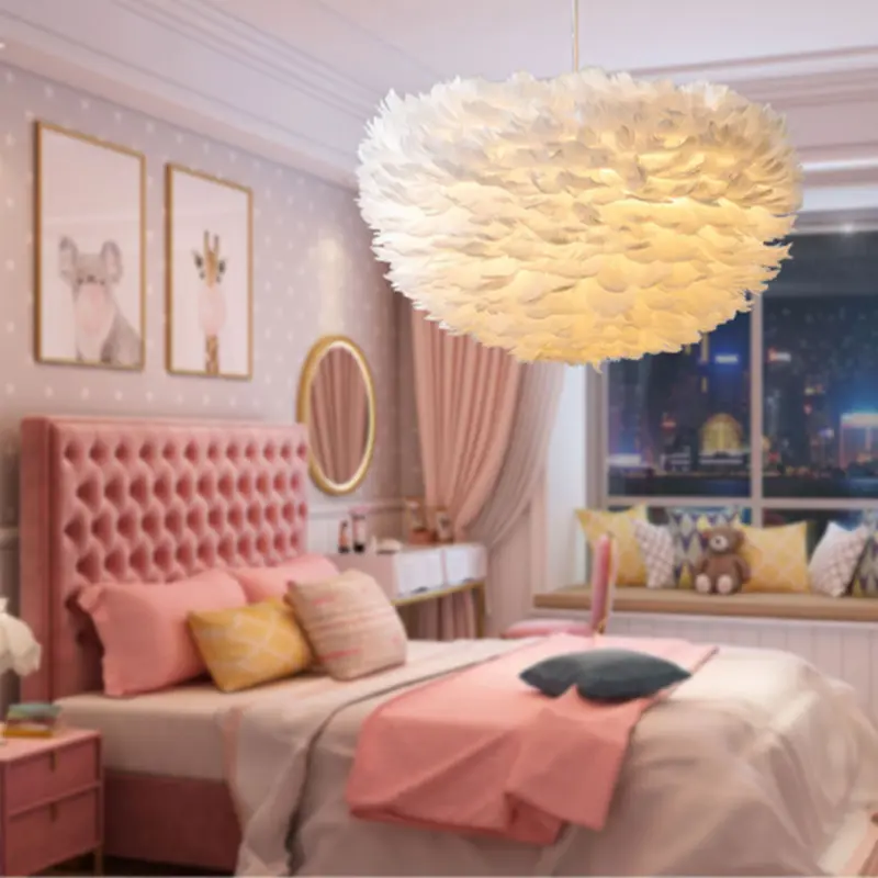 Nordic minimalism chandelier art design lustre plume For Bedroom Kitchen Room Cafe deco princesse ​White/Grey/pink chandelier